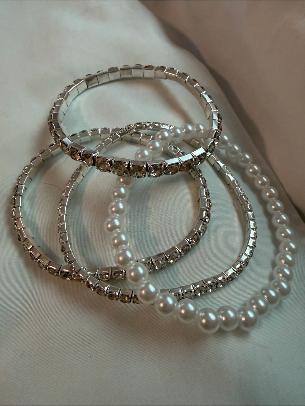 Elegant Silver and White Pearl Bracelet Set